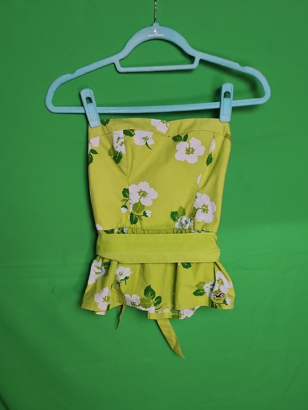 Hollister Y2K Lime Green Floral Strapless Peplum Top with Tie Belt Medium